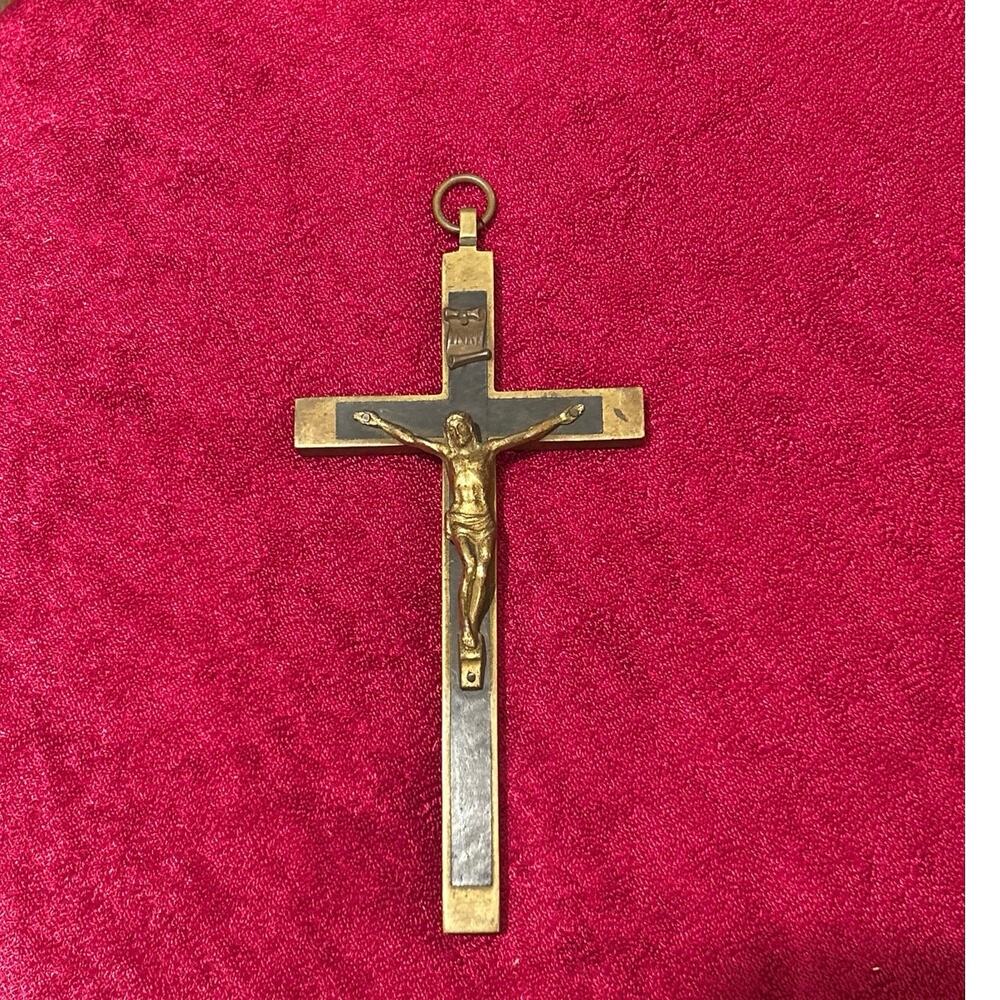Antique 6” Italian Brass Crucifix with Ebony Inlay Large Clery Pectoral Cross